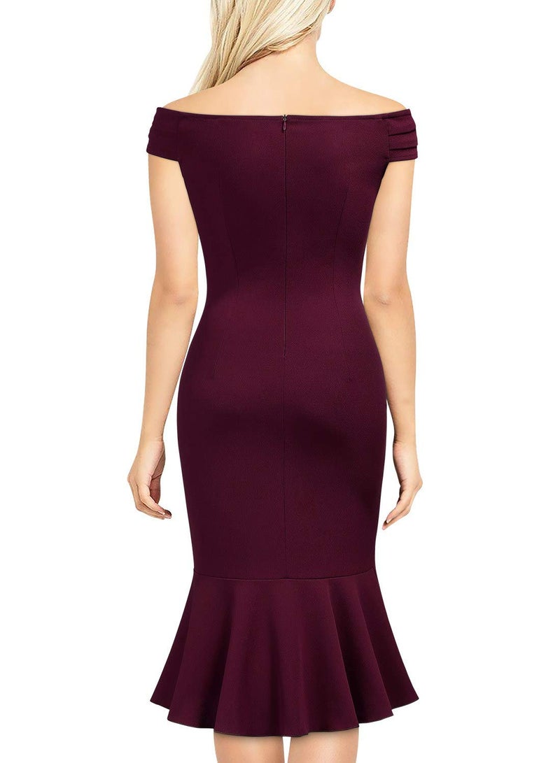 Knitee Women's Off Shoulder V-Neck Ruffle Pleat Waist Bodycon Evening Cocktail Slit Formal Dress (A-Burgundy, X-Large, x_l) - Image 2
